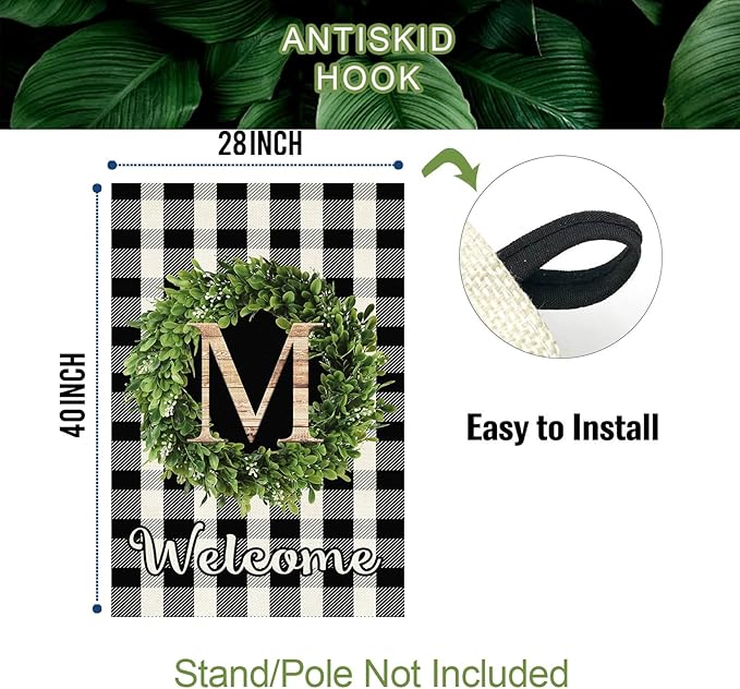 Baccessor Monogram Letter M Garden Flag 28 x 40 Inch, Buffalo Plaid Family Last Name Initial Boxwood Wreath Welcome Vertical Double Sided Large Flags for Outdoor Outside Decoration