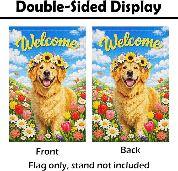 Heyfibro Spring Welcome Garden Flag 12x18 Inch Double Sided Golden Retriever Floral Garden Flag Small Yard Flags for Outside House Farmhouse Seasonal Spring Outdoor Decorations