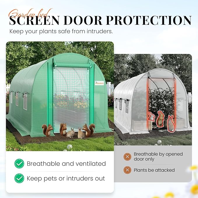 KING BIRD Premium 10x7x7 FT Greenhouse for Outdoors, Large Walk-in Heavy Duty Galvanized Steel Frame, Mesh Door Screen Window Tunnel Hoop Garden Plant Winter Hot House with Irrigation Kit, Green