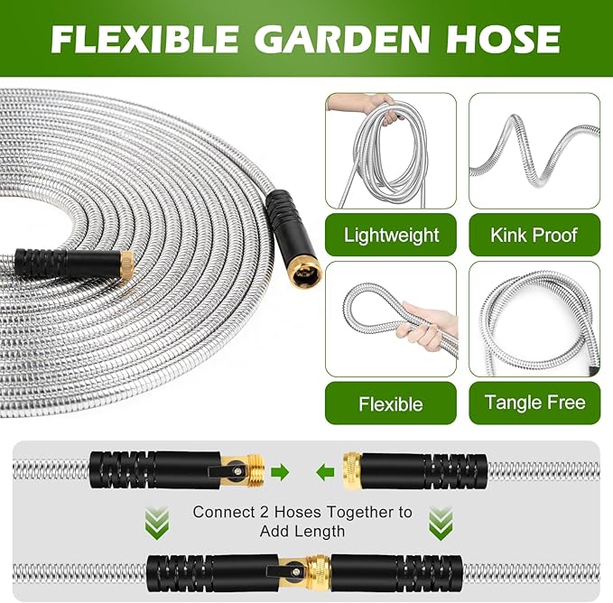 Metal Garden Hose 75 ft Stainless Steel Heavy Duty Water Hose with 10 Function Nozzles Flexible Lightweight Kink-Free Leakproof Sturdy Hoses Pipe 3/4" Brass Fitting for Outdoor Yard Lawn RV