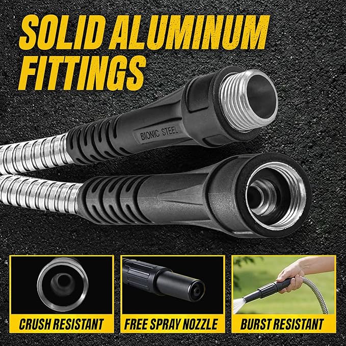 BIONIC STEEL 50 Ft Metal Garden Hose with Sprayer Nozzle, Non Kinking Designed Stainless Steel Heavy Duty Water Hose 50Ft x 5/8 in. Ultra Flexible NON Expandable for Uninterrupted Water Flow, 500 PSI