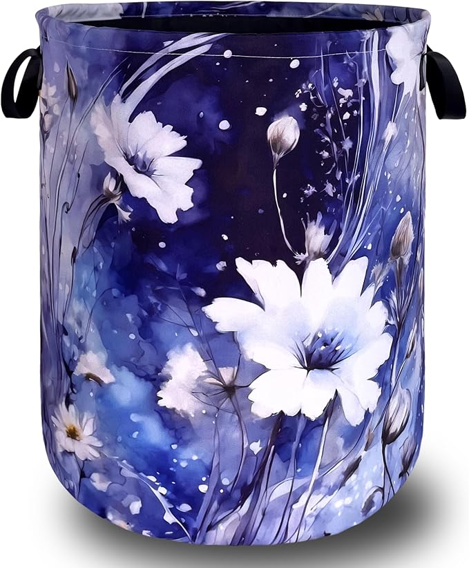 Blue Daisy Floral Laundry Basket Oxford Cloth Foldable Hamper 18.9x16.5 In | Colorful With Handle Large-Capacity Tote Bag Laundry Hamper Clothes Storage Bucket Toy Organizer For Bathroom,Laundry,Bedroom