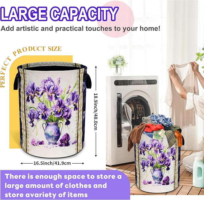 Purple Iris Flower Laundry Basket Oxford Cloth Floral Hamper 18.9 x 16.5 In