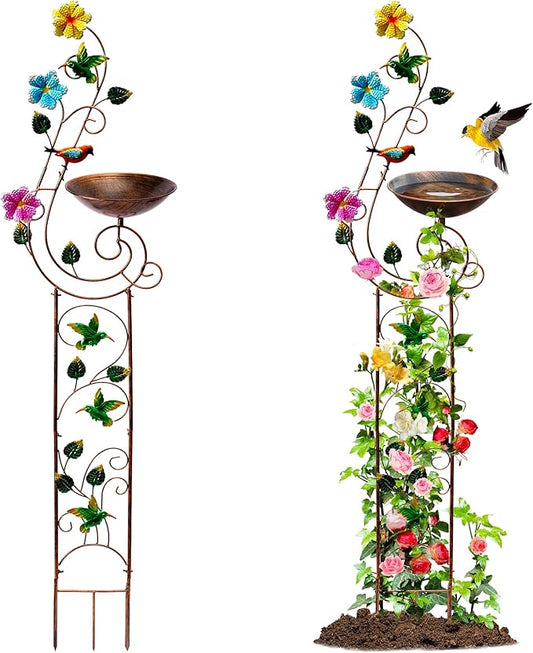 YYWMWM 57" Height Metal Bird Bath with Trellis for Outdoor, Vintage Decorative Bird Baths, Small Garden Plant Support, Antique BirdBath for Climbing Plants with Detachable Iron Bowl (Hummingbird)
