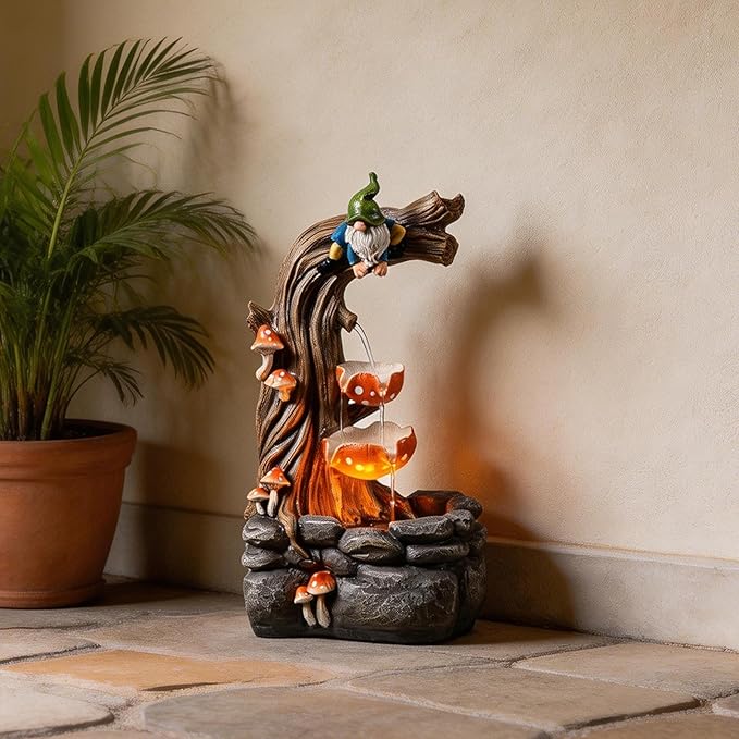 Tolevoit Gnome Outdoor Water Fountain with Warm LED Lights, Cascading Mushroom Waterfall on Tree Stump, Whimsical Garden Decor & Yard Art for Patio, Lawn, Porch and Indoor Tabletop