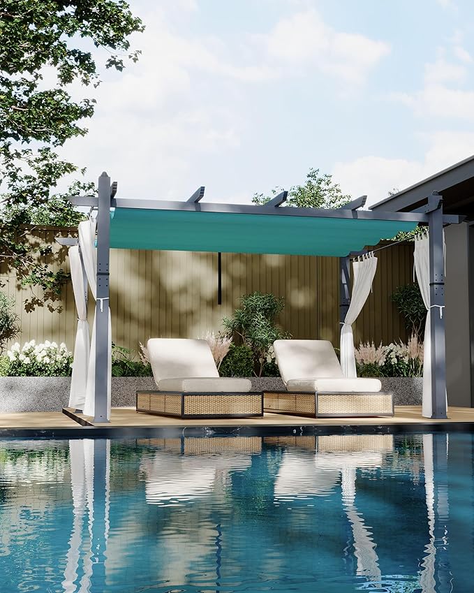 KYBOLT 10x13 Ft Outdoor Pergola with Retractable Canopy & Side Mesh Screen Patio Gazebo for Garden Backyard Deck Grape Trellis(Blue+White)