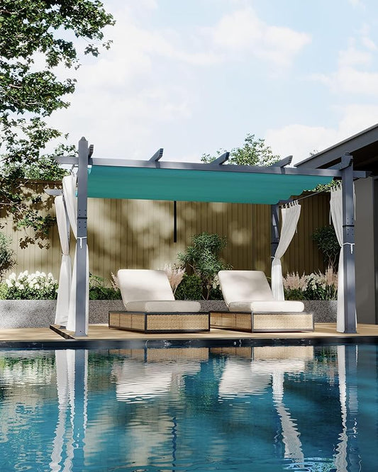 KYBOLT 10x13 Ft Outdoor Pergola with Retractable Canopy & Side Mesh Screen Patio Gazebo for Garden Backyard Deck Grape Trellis(Blue+White)