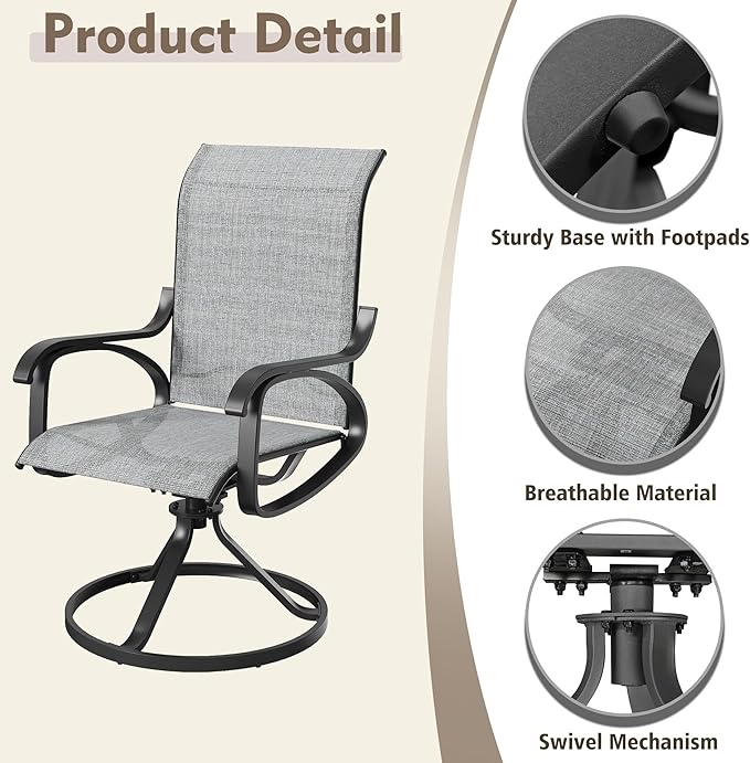 Patio Swivel Chairs Set of 6, All Weather Outdoor Rocking Chair with Textilene Breathable Back, Metal Frame, Patio Dining Chair for Backyard, Garde, Porch and Deck (6, Light Grey)