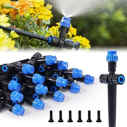 HIRALIY 15 Piece Quick-Connect Drip Irrigation Emitters for Drip Irrigation Kit Series 1/4'' tubing, Misting Adjustable Water Flow Emitters with Stake