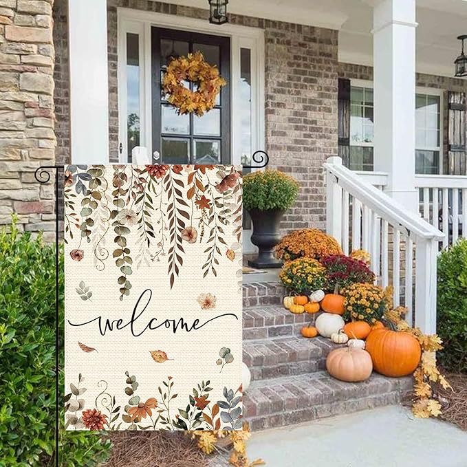 Fall Thanksgiving Harvest Eucalyptus Floral Welcome Garden Flag 12 x 18 Inch Double Sided, Autumn Flower Burlap Small Yard Flag Farmhouse Seasonal Holiday Patio Outdoor Outside Decoration