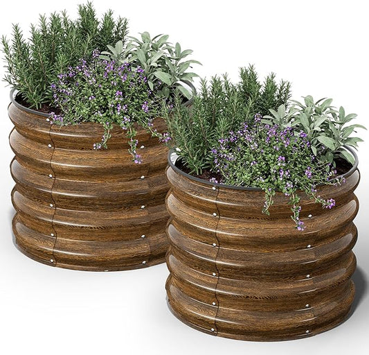 Kesfitt Round Metal Raised Garden Bed, 2x2x1.5 FT, 18-Inch Deep Galvanized Steel Garden Bed with Open Bottom for Outdoor Vegetables & Herbs, Walnut Finish, 2 Pack
