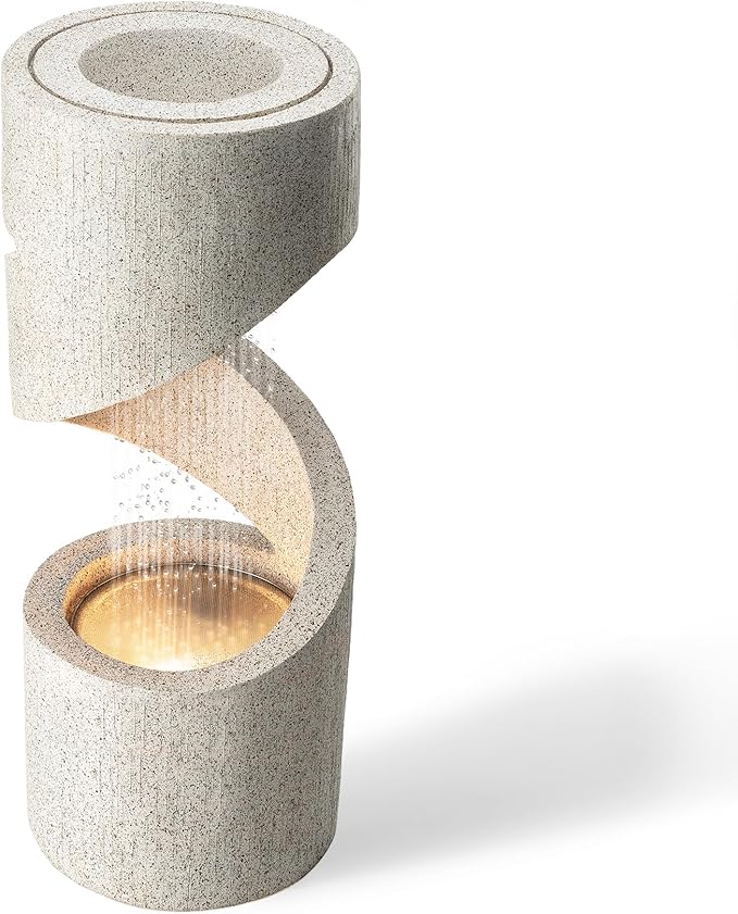 Glitzhome Outdoor Water Fountain, 31.25" H Modern Faux Terrazzo Spiral Shaped Outdoor Fountain with Pump and LED Lights,Polyresin Waterfall Fountain Water Feature for Garden, Patio, Porch Decor