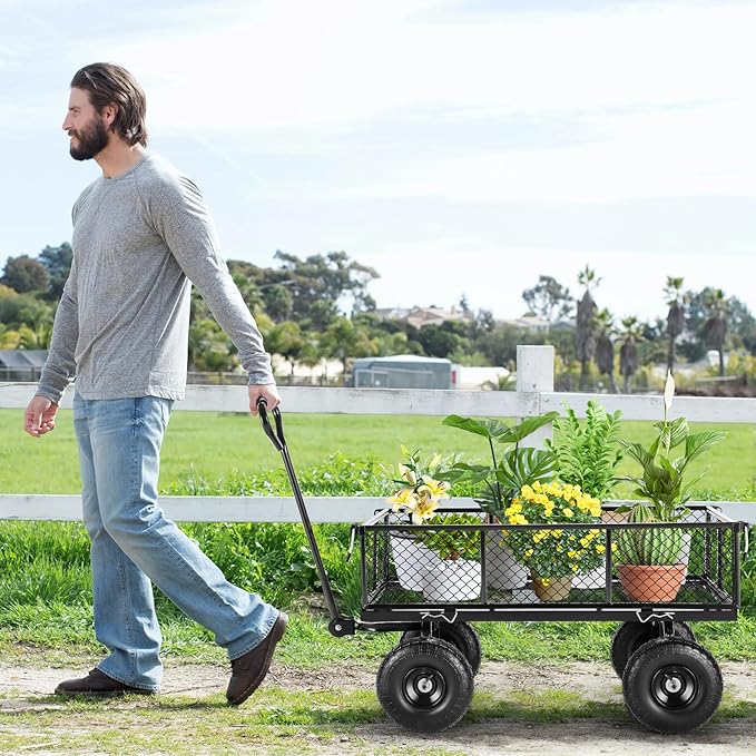 TEANDE Garden Cart, Heavy Duty 880Lbs Capacity Mesh Steel Garden Cart with Removable Sides to Convert into Flatbed, Utility Metal Wagon with 180° Rotating Handle and 10 in Tires, Black