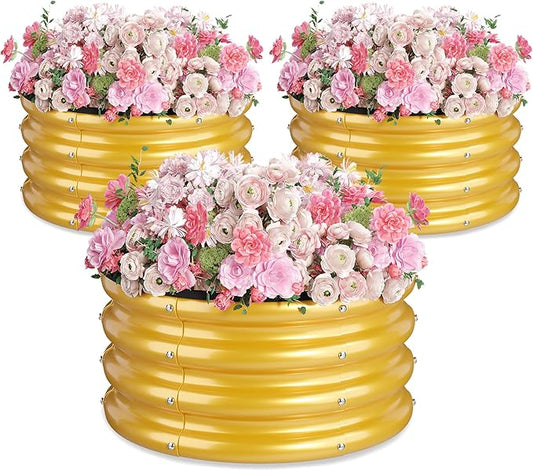 2 x 2 x 1 ft Round Raised Garden Bed, Yellow 3 Pack 0.6 mm Thick Galvanized Steel Planter Box with Double Layer Paint and Safety Edge Trim for Vegetables Flowers Herbs Outdoor Garden