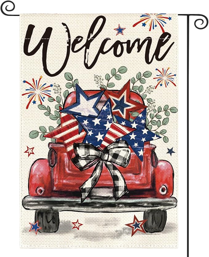 AVOIN colorlife Welcome Patriotic 4th of July Truck Garden Flag 12x18 Inch Double Sided, Rustic Farmhouse Yard Outdoor Decoration