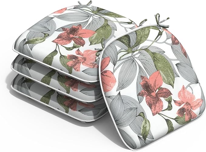 Outdoor Chair Cushions 16"x17" Set of 4, Water Resistant Patio Chair Pads with Ties, Seat Cushions for Home Garden Furniture Decoration, Clemens Noir Pink