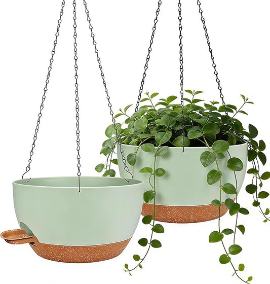 12 Inch Self Watering Hanging Planters 2 Pack, Indoor Outdoor Hanging Pots for Plants with Drainage Holes & Saucers, Green Brown Plastic Hanging Baskets for Kitchen Balcony Garden