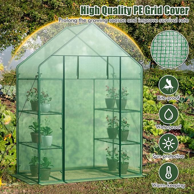 Giantex Walk-in Greenhouse, 4 Tier 8 Shelves, Portable Plant Garden House Indoor Outdoor Mini Growing House for Herb Flower Succulent, Zipped Door, Metal Frame, Patio Lawn Yard