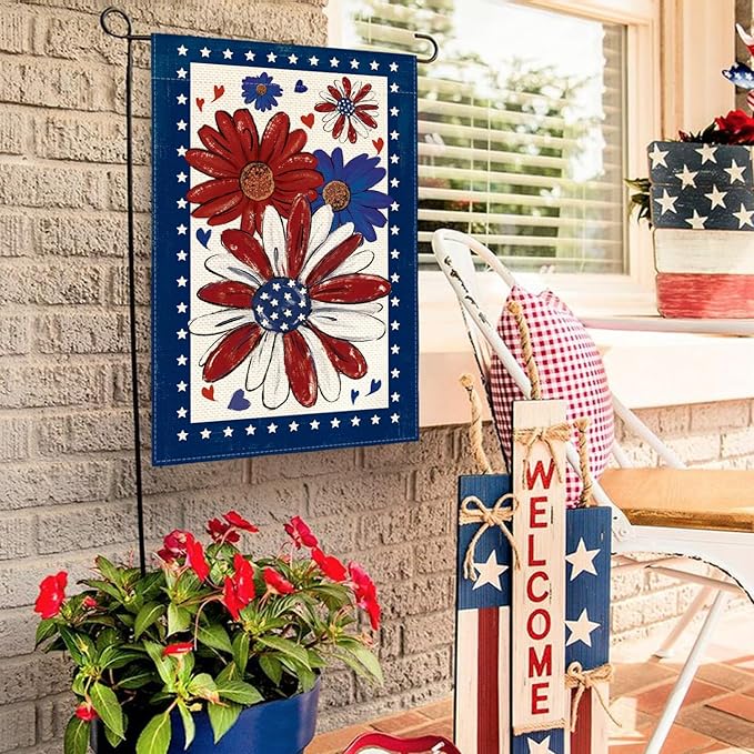 AVOIN colorlife 4th of July Patriotic Garden Flag 12x18 Inch Double Sided Outside, Memorial Day American Stars Floral Daisy Yard Outdoor Decoration