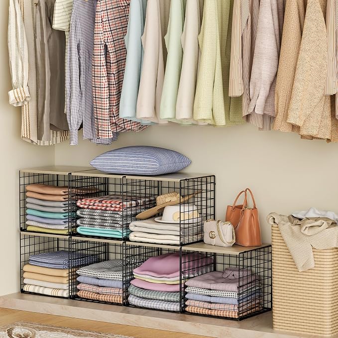 3PCS Stackable Closet Organizers and Storage, Shelves with Wood Top Extra Storage, Clothes Organizer Basket, Bin, or Tube for Wardrobe and Home Organization (Black-Sturdy Metal) Patent Pending