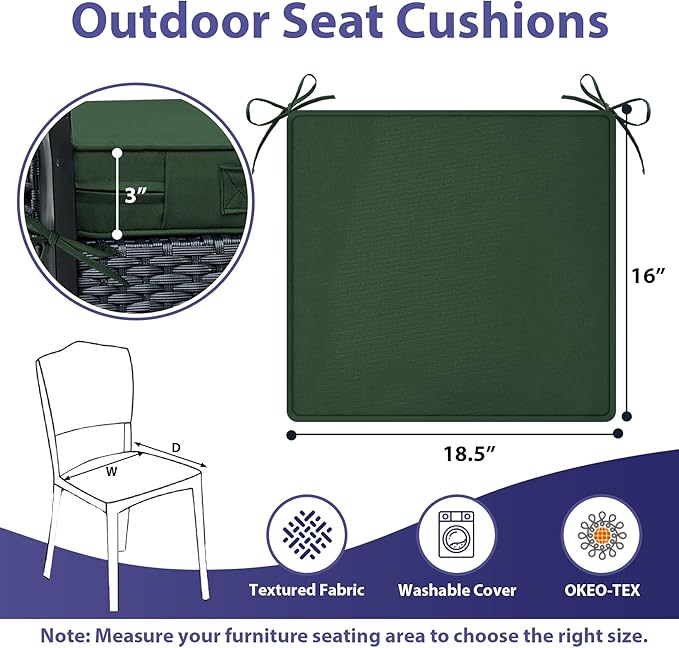 IPYNBAP Outdoor Chair Cushions Set of 4,Waterproof Outdoor Seat Cushions for Patio Furniture,Patio Chair Cushion with Handle and Ties, Square Out Door Chair Pads,18.5" x 16" x 3", Forest Green