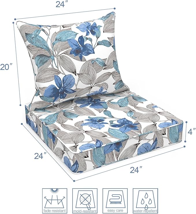 LVTXIII Outdoor Seat and Back Cushion Patio Deep Seat Cushion Set Seasonal Chair Cushion for Wicker Chairs and Garden Furniture Decoration, 22"x22"x4", Clemens Noir Blue