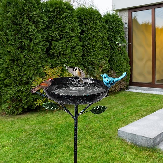 Bird Baths for Outdoors, 41" Tall Black Birdbath with Stake, Metal Bird Baths & Feeder with 9.4" Bowl & Decorative Cast Iron Bird for Outside Garden Yard Decor
