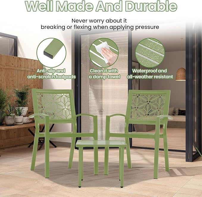 BUPPLEE 3 Piece Patio Bistro Set, Outdoor Steel Furniture Set, Stackable Modern Conversation Sets for Balcony Garden Deck Patio w/2 Chairs 1 Table, Sauge Green