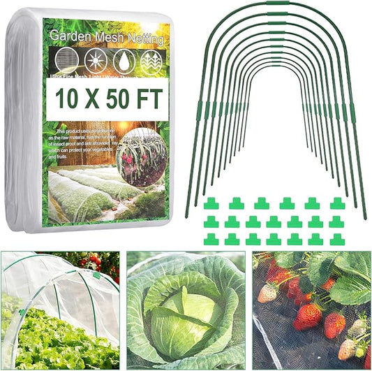 Garden Netting Kit, 10 X 50FT Garden Netting Pest Barrier with 10 Sets Garden Hoops and 20pcs Clips, Insect Netting Row Cover for Raised Beds Vegetable Fruits Flowers Protection