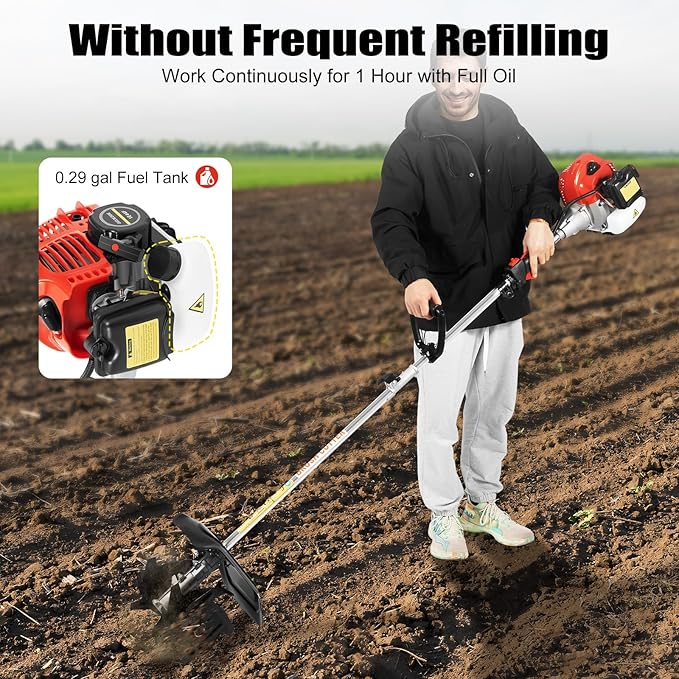 2 Stroke Tiller Cultivator, 51.7CC 6500RPM Garden Mini Tiller Rototiller Gas Powered Rotary Cultivator Handheld Single-Cylinder Rototiller Garden Tool with 1.1L Fuel Tank for Farm Loose Soil Weeding