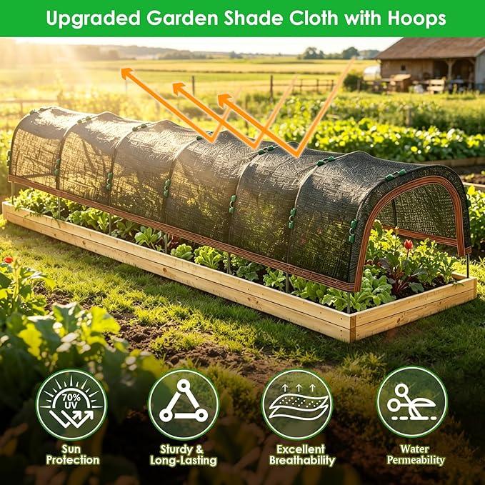 Upgraded 118"x79" Garden Shade Canopy Kit, 70% Garden Shade Cloth for Plants Heat Protection with 7 Sets Garden Hoops for Raised Beds, Plant Sun Shade Cover for Outdoor Plants Vegetables