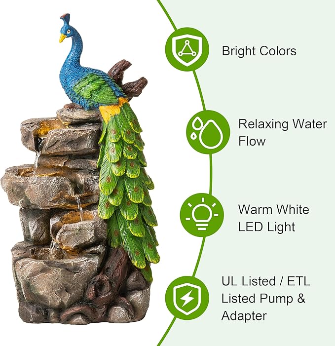 Glitzhome Outdoor Water Fountain with Lights, 4-Tierd Peacock W/Stacked Stone Outdoor Fountain, 20.5" H Polyresin Decorative Waterfall Feature Garden Fountain with Pump for Garden, Patio, Porch