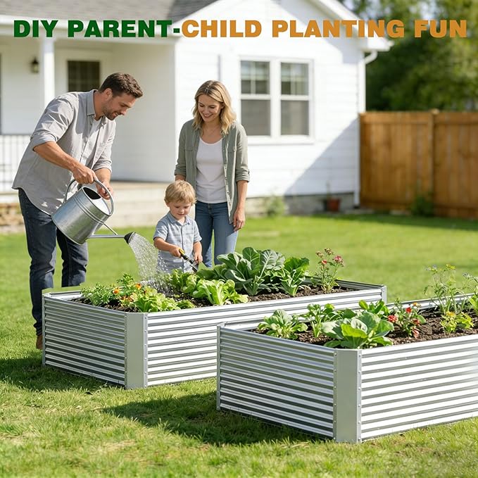 4 Pcs 4 x 2 FT Galvanized Steel Raised Garden Bed – Outdoor Planter Box for Root Vegetables, Herbs & Flowers, Large Metal Garden Beds for Backyards, Terraces and Balconies