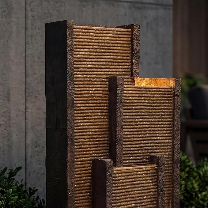 40-Inch Outdoor Water Fountain, Indoor & Outdoor Resin Waterfall Fountains with Soothing Water Sound & 4 Warm LED Lights, Home Art Decor for Garden, Patio, Yard, Porch, Deck, Balcony in Brown