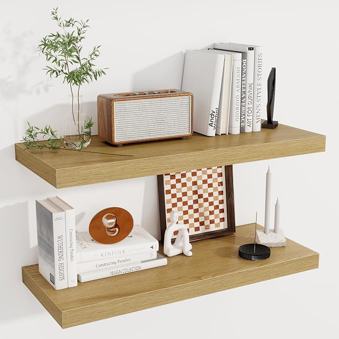 Fun Memories 12 Deep Floating Shelves for Wall | 30W x 12D Large Floating Shelves | 2 Pack Storage Space Wall Mount Shelf for Living Room Bathroom Toilet Laundry Room Kitchen Home Office - Oak