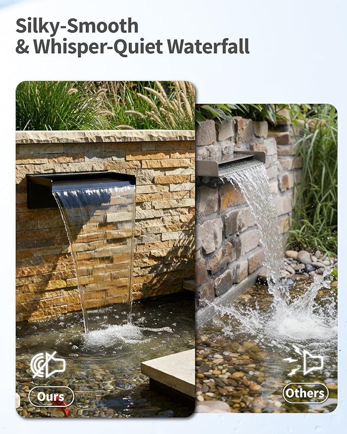 POPOSOAP 12inch Pond Waterfall Spillway with RGB LED Lights & 660GPH Pump Kit - APP/Remote Control, 304 Stainless Steel Pond Spillway with 9.8FT Tubing for Garden Ponds Landscape Water Features-P43DY