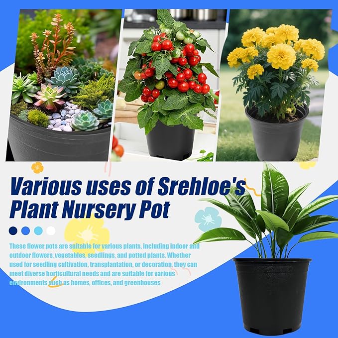 10Pcs 2 Gallon 8 inch Plant Nursery Pot Flower Seedling Injection Molded Container Plastic Garden Planter Pots with Drainage Holes Suitable for Vegetables Flowers Plants Black