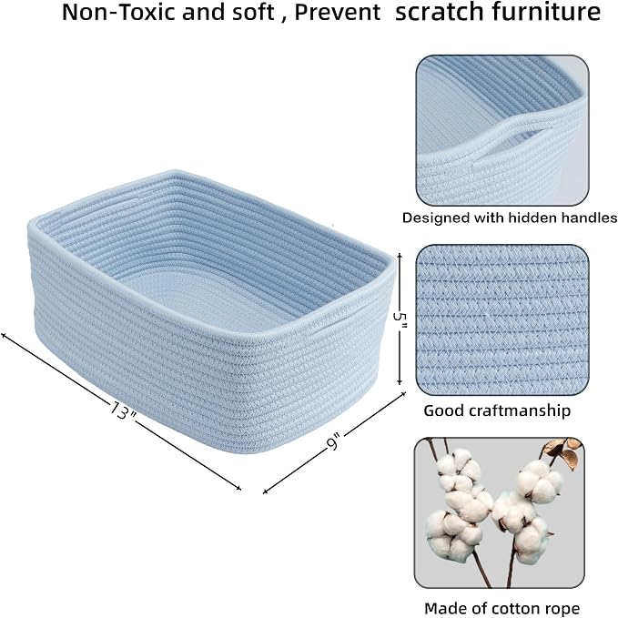 XUANGUO Small Woven Storage Baskets for Shelves, 13" x 9" x 5", Blue