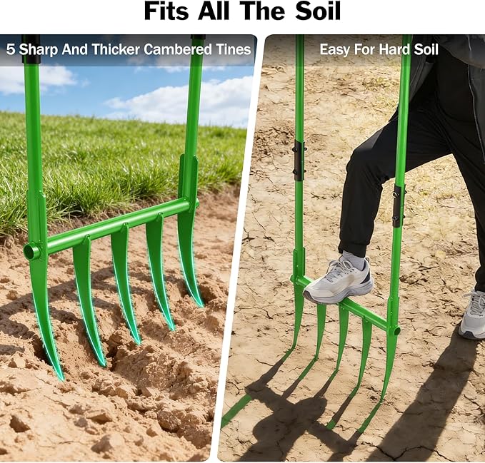 56'' Heavy Duty Broadfork for All the Soils, Unbreakable Pitchfork, 5 Sharp Cambered 11'' Tines Bord Fork Garden Tool, Ergonomic Handles, Good Package, Easy Assembly, Cultivator & Tiller，Green.