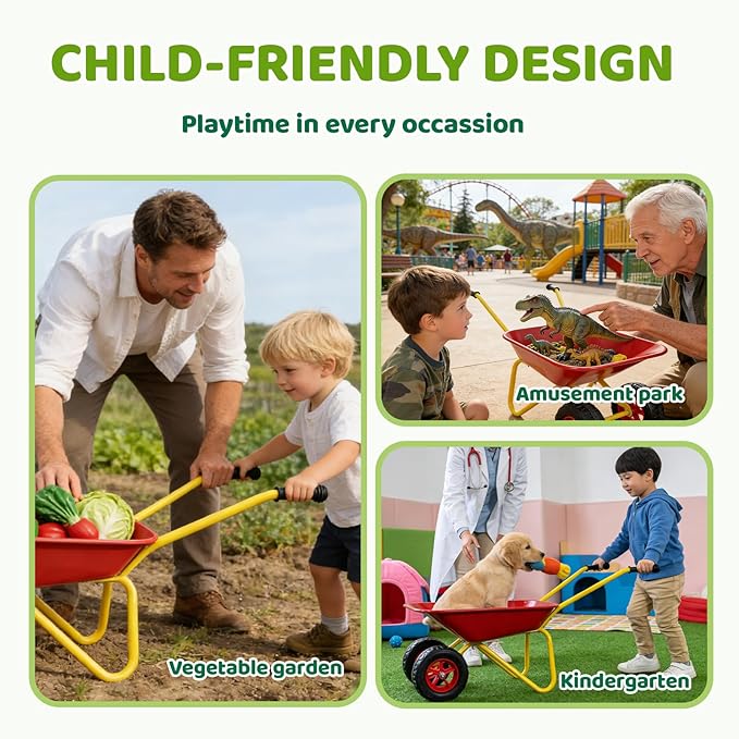 Kids Metal Wheelbarrow with Single Wheel,Children Garden Cart with Steel Tray and Non-Slip Handles, Sturdy Outdoor Yard Toy for Toddlers, Ideal for Sand, Leaves, and Soil (Red-Two-Wheel)