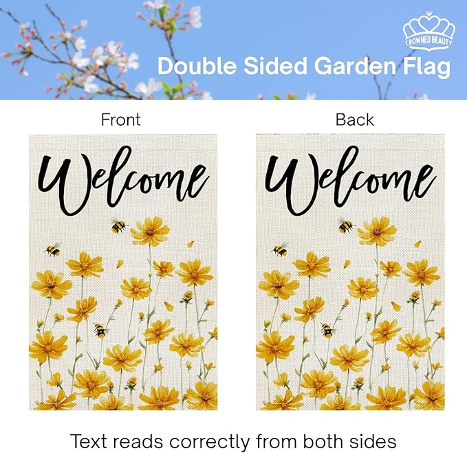 CROWNED BEAUTY Spring House Flag Yellow Wildflower Double Sided 28x40 Inches Large Burlap Welcome Holiday Seasonal Yard Decoration for Outside Porch