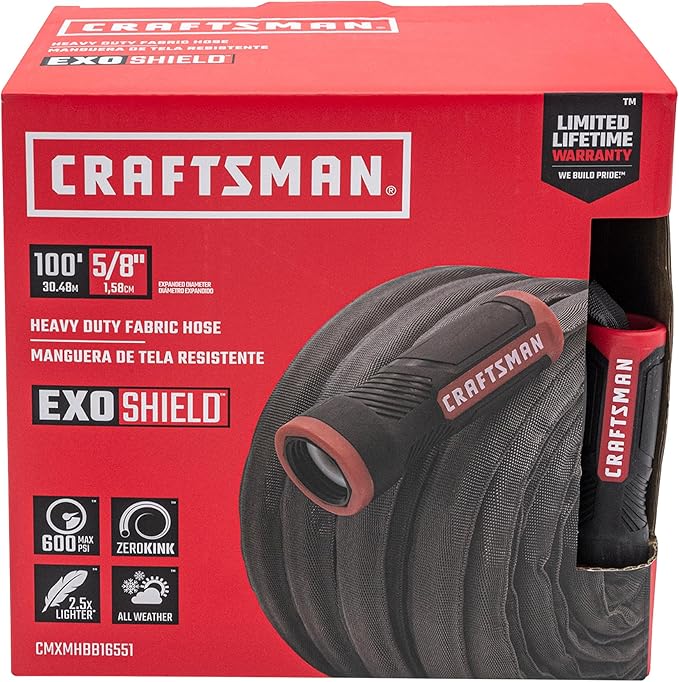 CRAFTSMAN ExoShield Heavy-Duty Fabric Hose - Industrial-Grade Lightweight Garden Hose 100 Feet x 5/8 Inch