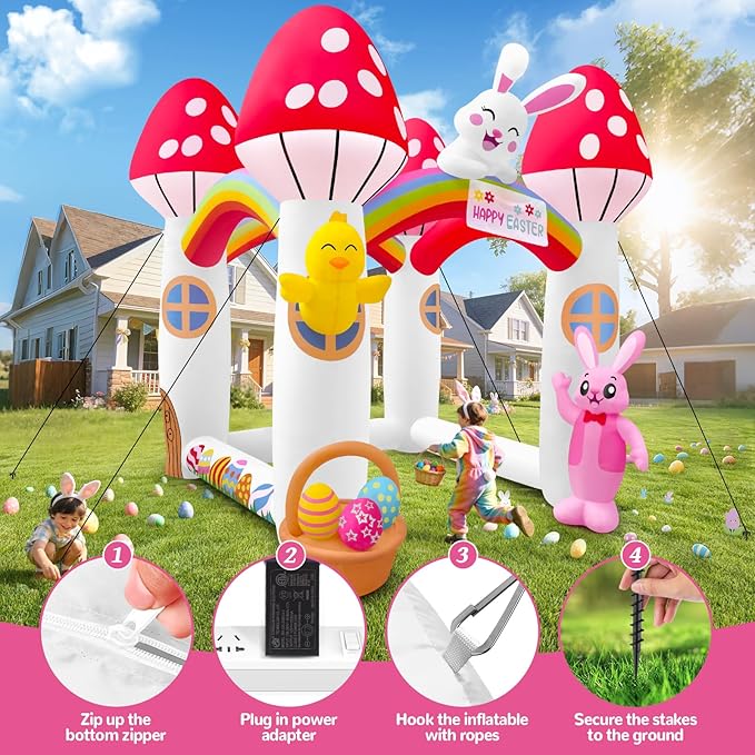 Kalolary 10FT Easter Inflatables Bunny Archway, Stereoscopic Mushroom House Arch Inflatable with Built in LED Lights Blow Up Tunnel Easter Outdoor Yard Decoration for Holiday Party Garden Lawn Decors