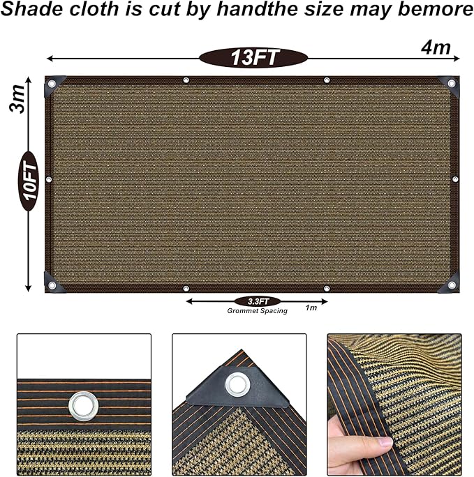 10' X 13' Shade Cloth with Grommets, 90% Sun Shade Cloth, Coffee Brown, Outdoor UV-Stabilized Mesh Cover for Garden Patio Pergola