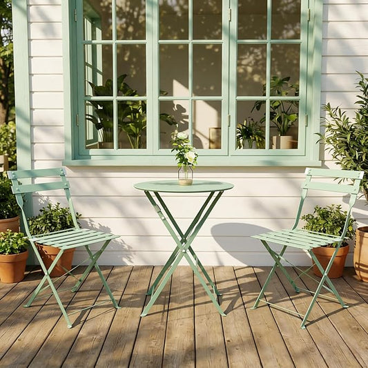3-Piece Folding Bistro Set, 2 Chairs and 1 Coffee Table, Space Saving Weather-Resistant Frame, Portable Indoor/Outdoor Patio Furniture Conversation Set for Garden Porch Balcony Deck - Green