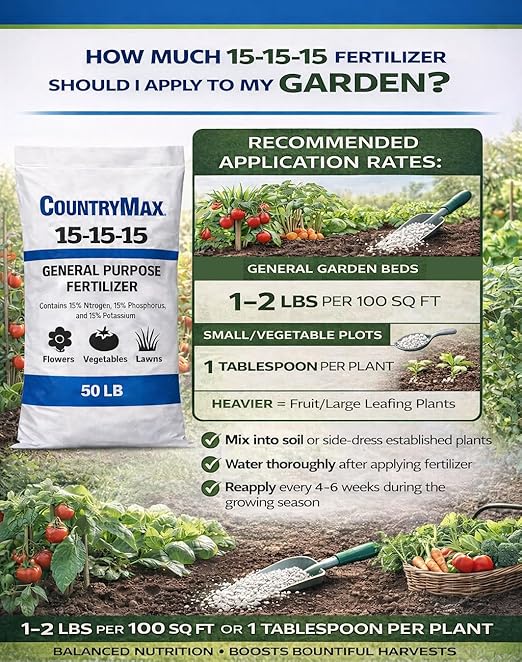 CountryMax 15-15-15 All Purpose Fertilizer, 50 lb Bag, Balanced Nutrition for Flowers & Vegetable Beds, Raised Gardens, Lawns & Grass, Supports Soil Health and Consistent Growth