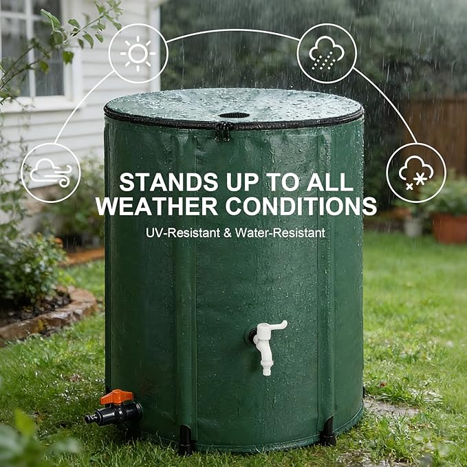132 Gallon Collapsible Rain Barrel, Foldable Water Storage Tank, 8 Support Rods, ABS Drain Valve & White Faucet, Portable Rainwater Collection System for Garden Irrigation