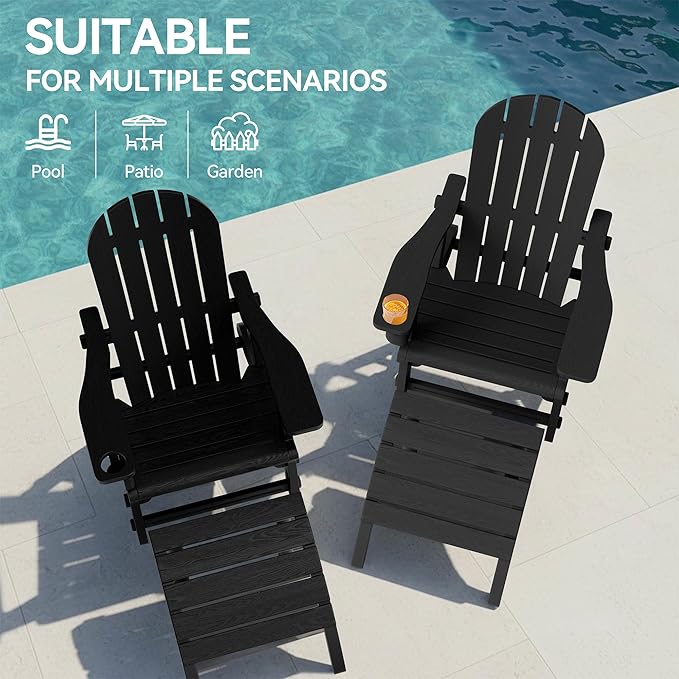 Vongrasig Adirondack Chairs Set of 2 with Removable Tabletop and Footrest, HDPE Plastic Outdoor Chair Set with Wooden Textured, Cup Holder for Patio, Poolside, Garden, Black, 5 Pieces