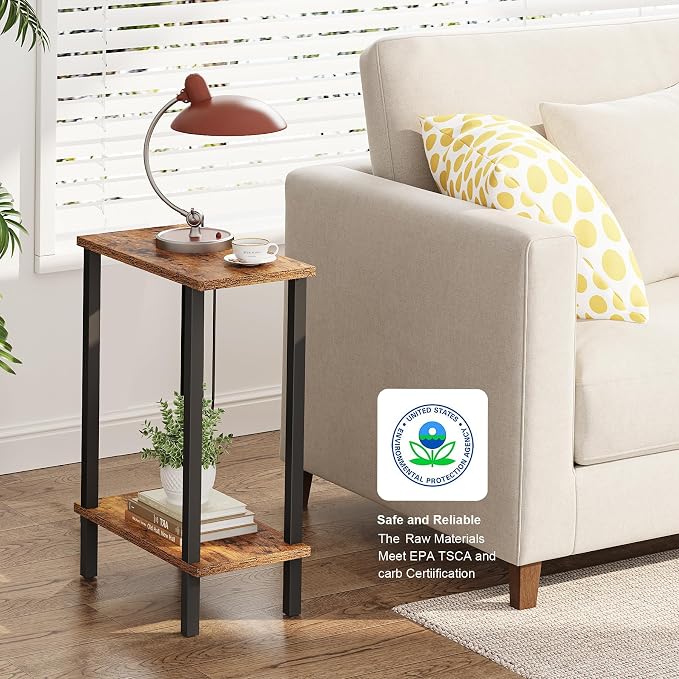 TUTOTAK Narrow Side Table Set of 2, Small End Table for Couch | 2-Tier Skinny Sofa Table, Slim Nightstand, Easy Assembly for Living Room, Bedroom, Brown TB01BB0622