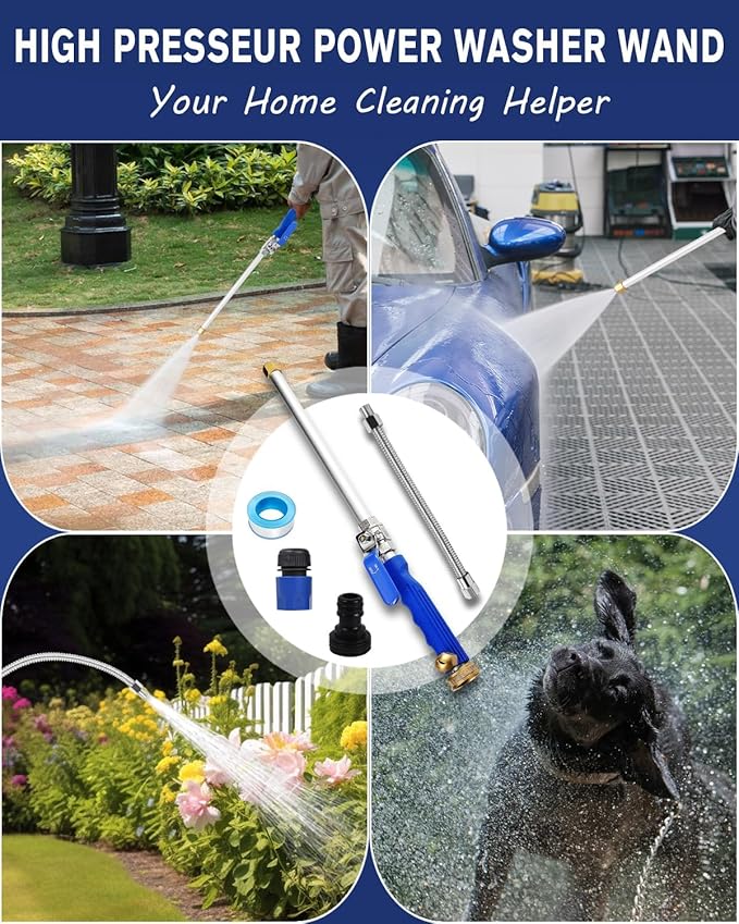 Garden High Pressure Hose Nozzle, Jet Nozzle High Pressure Hose Nozzle Tool Attachment with 2 Different Nozzles, Quick Connect Flexible Wand Lance for Gutter Patio Car Pet Window (Blue)